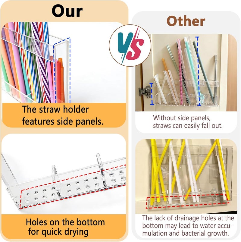 NTIERA New Upgrade 9.5" Large Acrylic Straw Holder for Cabinet Door-Reusable Tumbler Straw Organizer Storage,Small Kitchen Organizers and Storage Accessories Container,Ultra Sticky Cupboard Door Mounted - Image 3